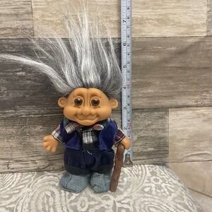 Vintage Russ Grandpa Troll Doll Holding Cane Fuzzy Gray Hair Blue Vest Outfit